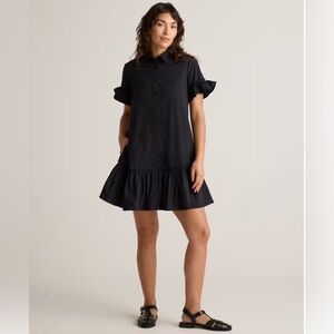 Quince 100% Organic Cotton Poplin Short Sleeve Ruffle Shirt Dress black Sz L NWT